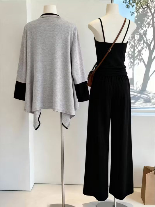 Women's fashionable and casual style set featuring a chiffon shawl and inner strappy printed pants, a daily casual 3pcs set