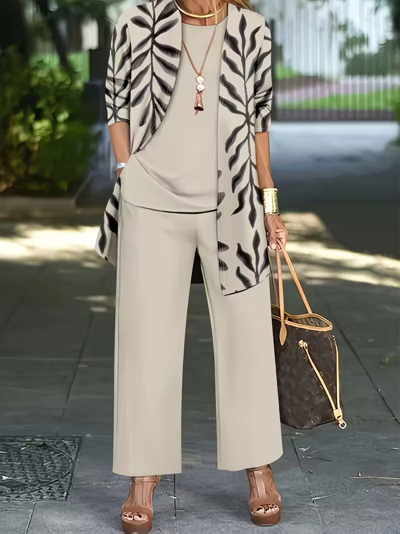 Leaf Print Three-Piece Outfit for Women Fancy Co-ord Set