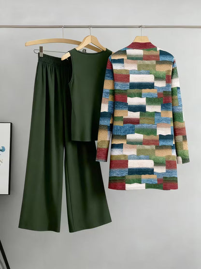 Women's fashionable and casual style set featuring a chiffon shawl and inner strappy printed pants, a daily casual 3pcs set