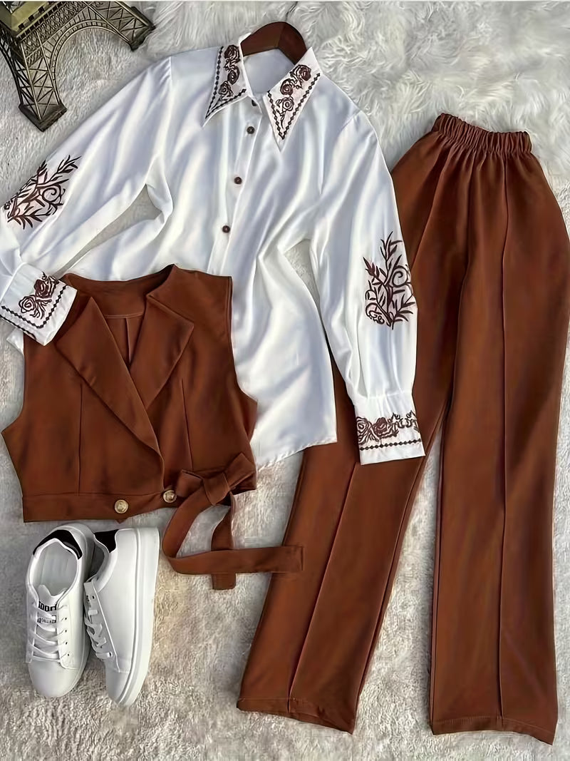 Women's fashionable and casual style set featuring a chiffon shawl and inner strappy printed pants, a daily casual 3pcs set
