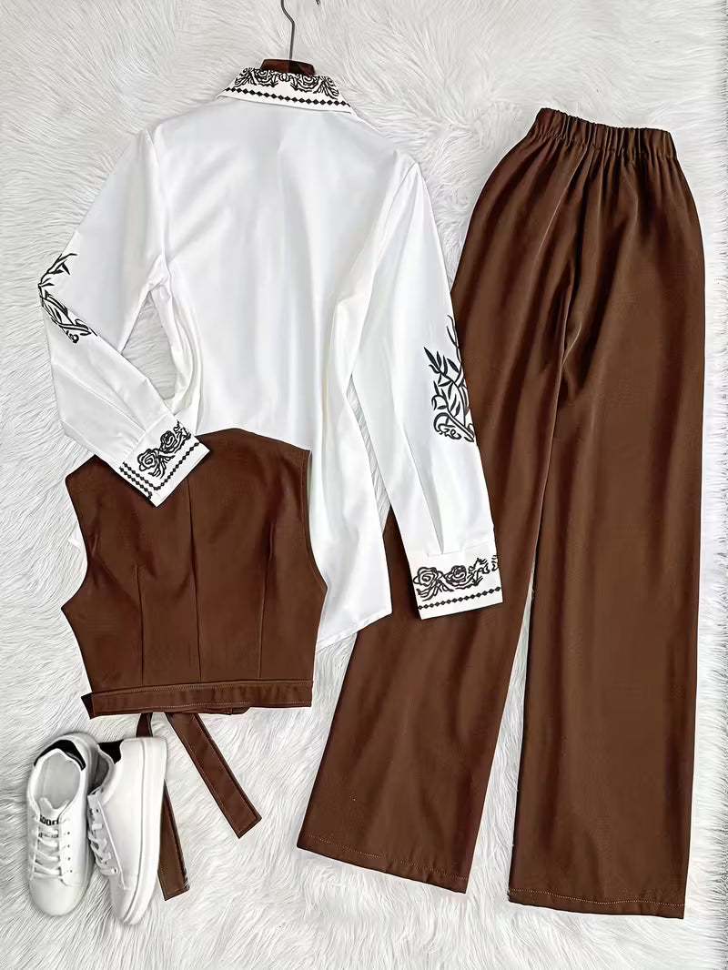 Women's fashionable and casual style set featuring a chiffon shawl and inner strappy printed pants, a daily casual 3pcs set