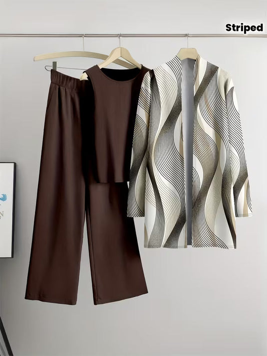 Women's fashionable and casual style set featuring a chiffon shawl and inner strappy printed pants, a daily casual 3pcs set
