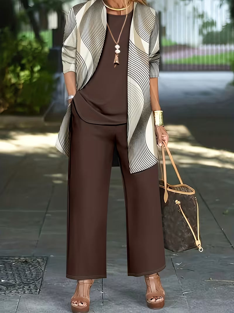 Mocha Wave Three-Piece Outfit for Women Fancy Co-ord Set