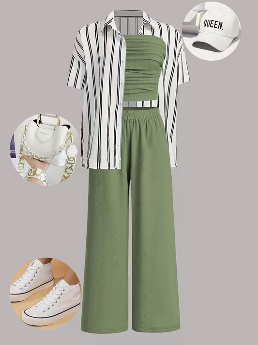 Women's fashionable and casual style set featuring a chiffon shawl and inner strappy printed pants, a daily casual 3pcs set