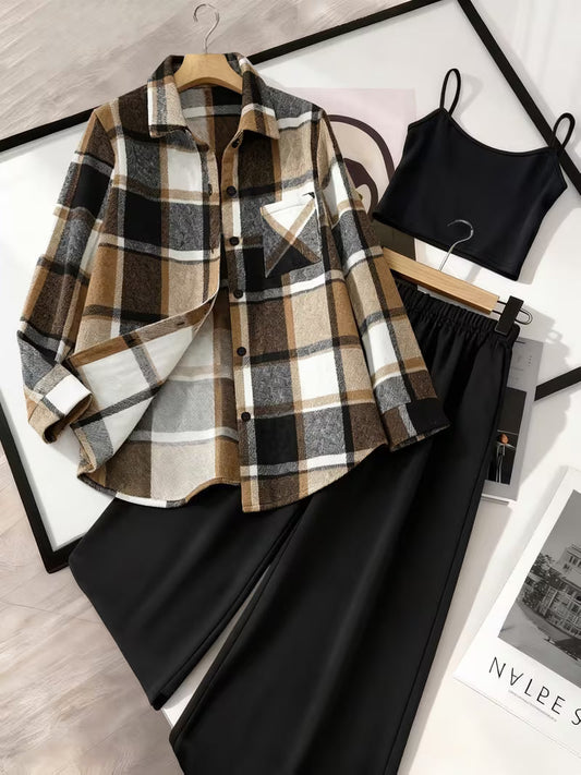 Women's fashionable and casual style set featuring a chiffon shawl and inner strappy printed pants, a daily casual 3pcs set