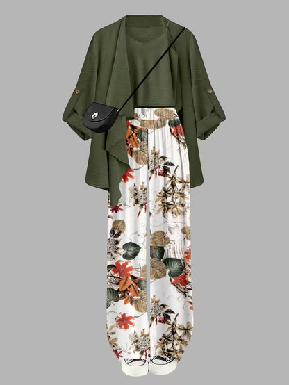 Women's fashionable and casual style set featuring a chiffon shawl and inner strappy printed pants, a daily casual 3pcs set