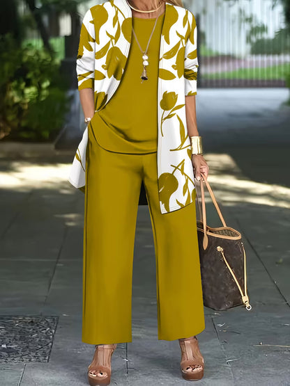 Women's fashionable and casual style set featuring a chiffon shawl and inner strappy printed pants, a daily casual 3pcs set