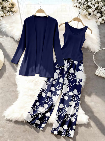 Women's fashionable and casual style set featuring a chiffon shawl and inner strappy printed pants, a daily casual 3pcs set
