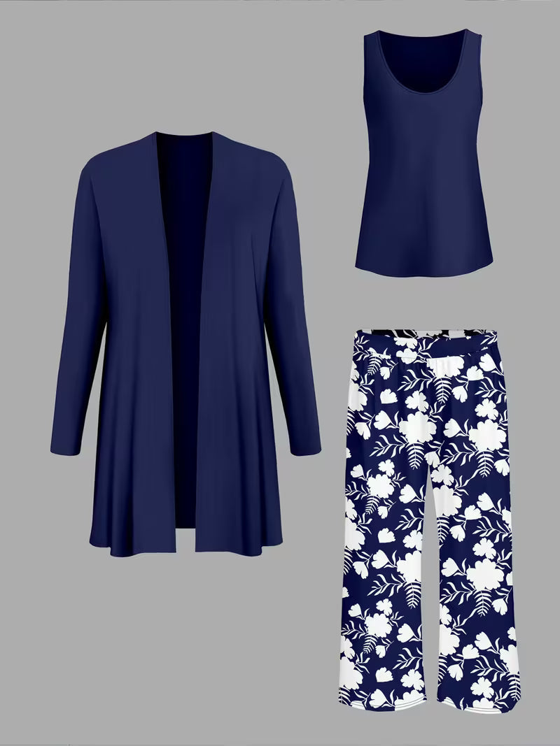Women's fashionable and casual style set featuring a chiffon shawl and inner strappy printed pants, a daily casual 3pcs set