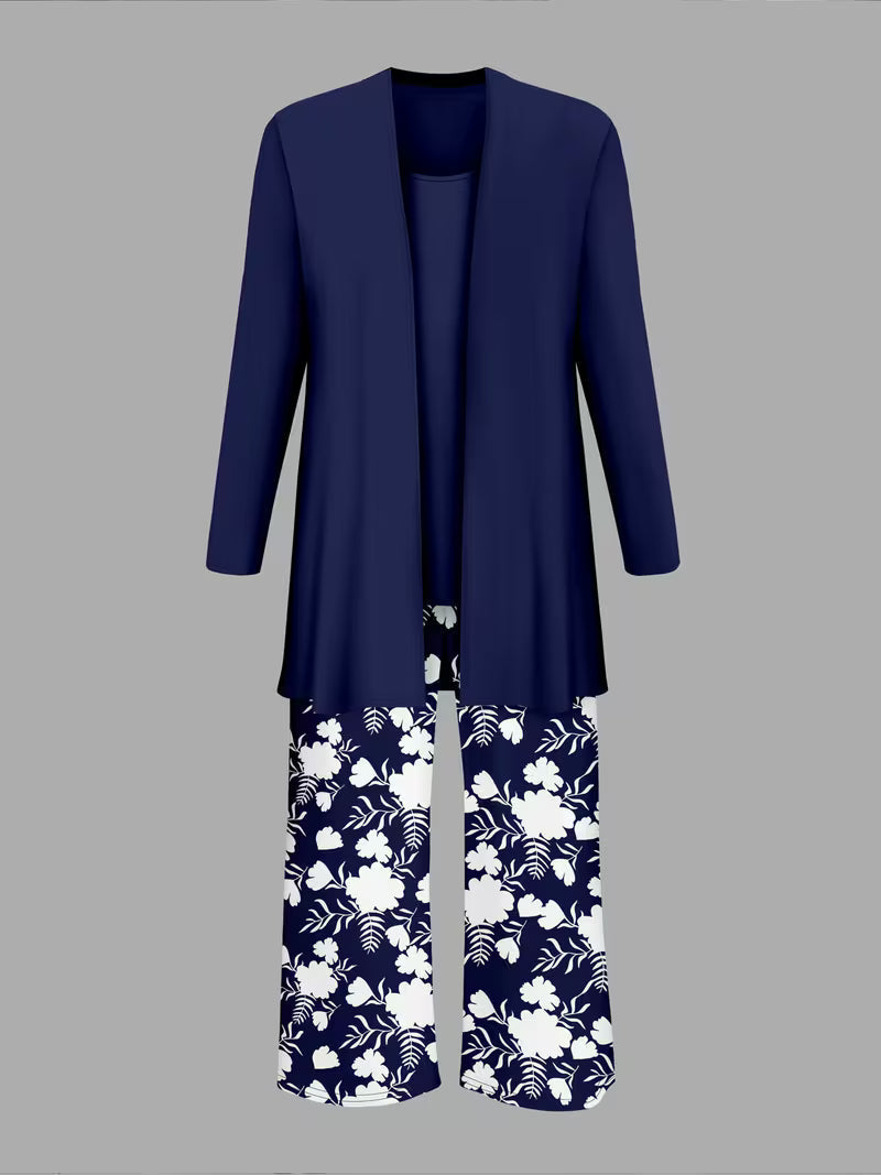 Women's fashionable and casual style set featuring a chiffon shawl and inner strappy printed pants, a daily casual 3pcs set