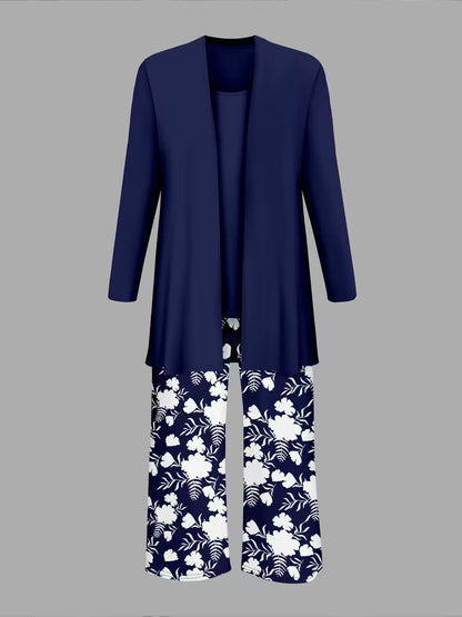 Women's fashionable and casual style set featuring a chiffon shawl and inner strappy printed pants, a daily casual 3pcs set