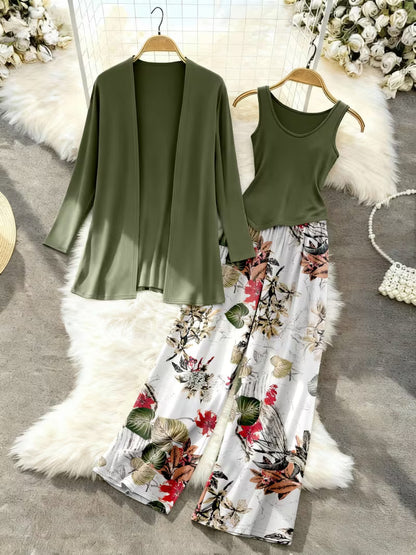 Women's fashionable and casual style set featuring a chiffon shawl and inner strappy printed pants, a daily casual 3pcs set