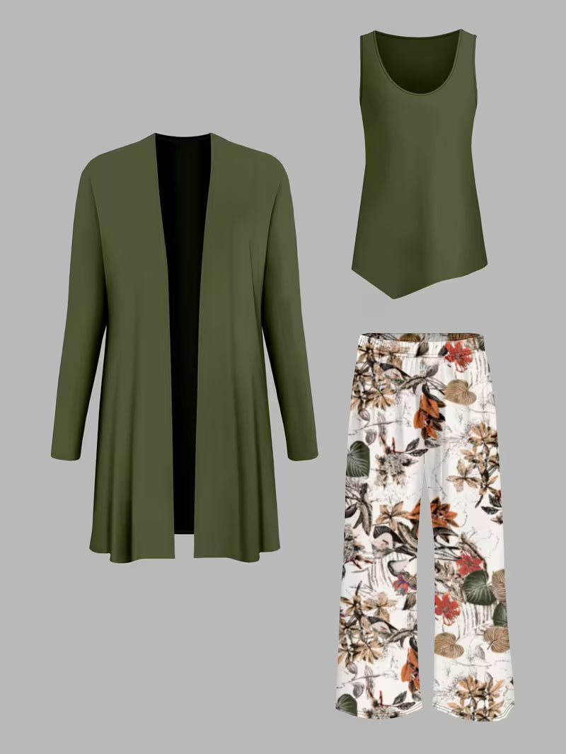 Women's fashionable and casual style set featuring a chiffon shawl and inner strappy printed pants, a daily casual 3pcs set