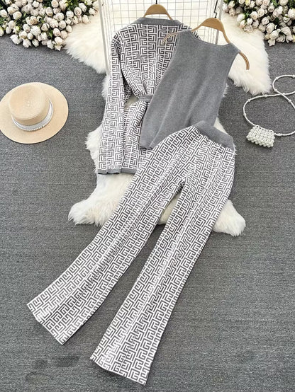 Women's fashionable and casual style set featuring a chiffon shawl and inner strappy printed pants, a daily casual 3pcs set