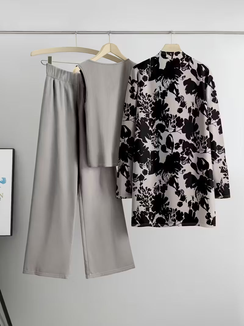 Women's fashionable and casual style set featuring a chiffon shawl and inner strappy printed pants, a daily casual 3pcs set