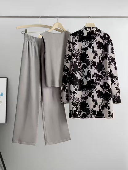 Women's fashionable and casual style set featuring a chiffon shawl and inner strappy printed pants, a daily casual 3pcs set