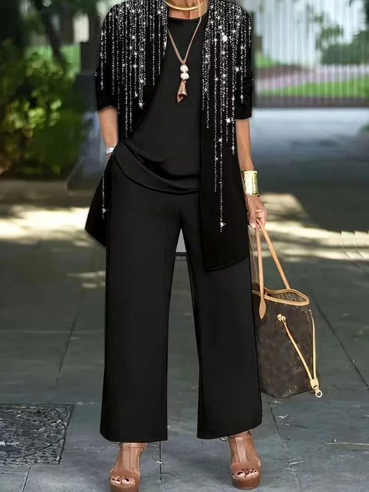 Women's fashionable and casual style set featuring a chiffon shawl and inner strappy printed pants, a daily casual 3pcs set