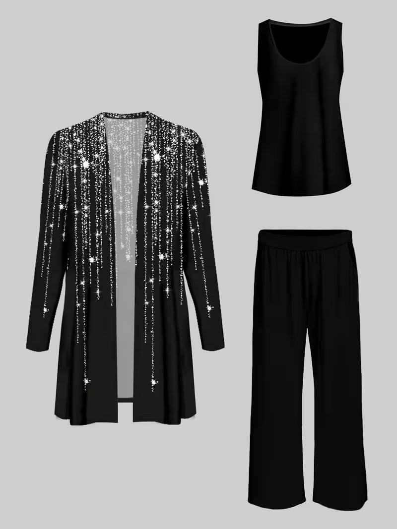 Women's fashionable and casual style set featuring a chiffon shawl and inner strappy printed pants, a daily casual 3pcs set
