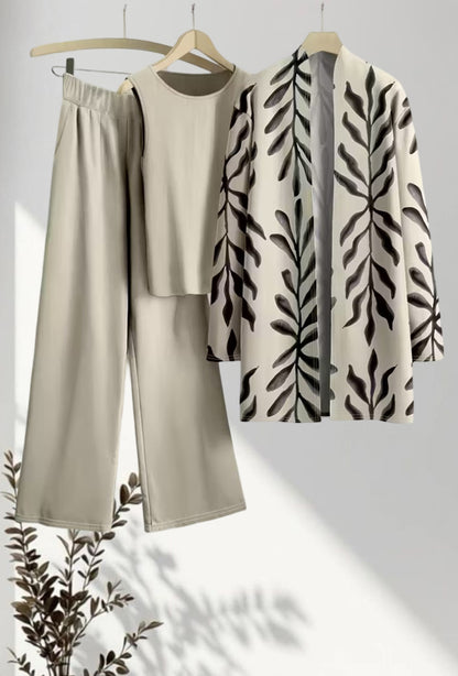 Leaf Print Three-Piece Outfit for Women Fancy Co-ord Set