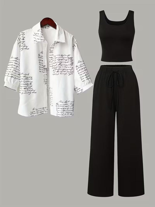 Women's fashionable and casual style set featuring a chiffon shawl and inner strappy printed pants, a daily casual 3pcs set