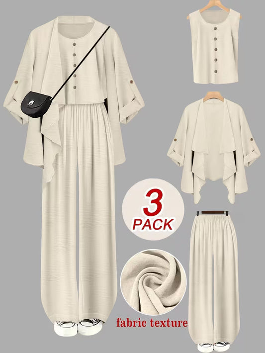 Women's fashionable and casual style set featuring a chiffon shawl and inner strappy printed pants, a daily casual 3pcs set