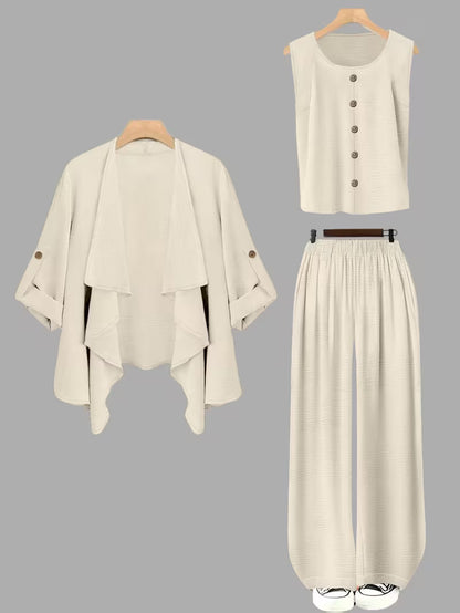 Women's fashionable and casual style set featuring a chiffon shawl and inner strappy printed pants, a daily casual 3pcs set