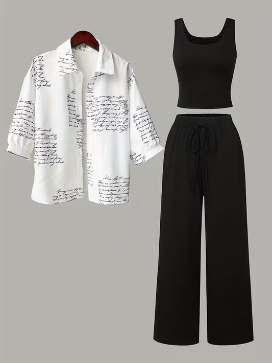 Women's fashionable and casual style set featuring a chiffon shawl and inner strappy printed pants, a daily casual 3pcs set