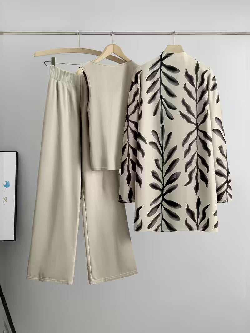 Women's fashionable and casual style set featuring a chiffon shawl and inner strappy printed pants, a daily casual 3pcs set