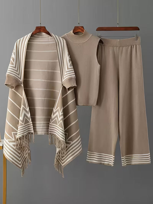 Women's fashionable and casual style set featuring a chiffon shawl and inner strappy printed pants, a daily casual 3pcs set